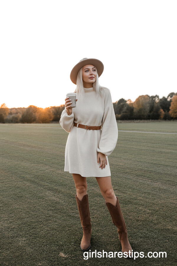 Cream Sweater Dress & Knee-High Boots
