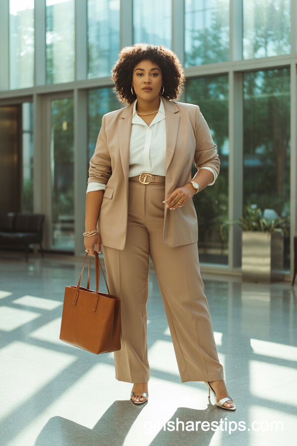 Tailored Beige Pantsuit with White Blouse