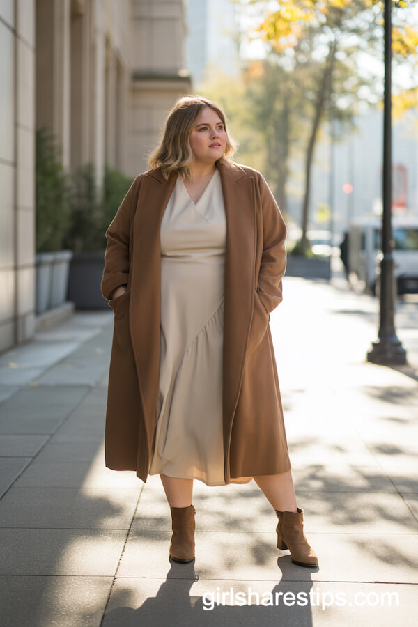 Camel Wrap Coat with Cream Midi Dress