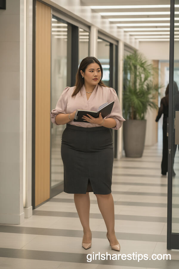 Blush Pink Blouse with Charcoal Pencil Skirt