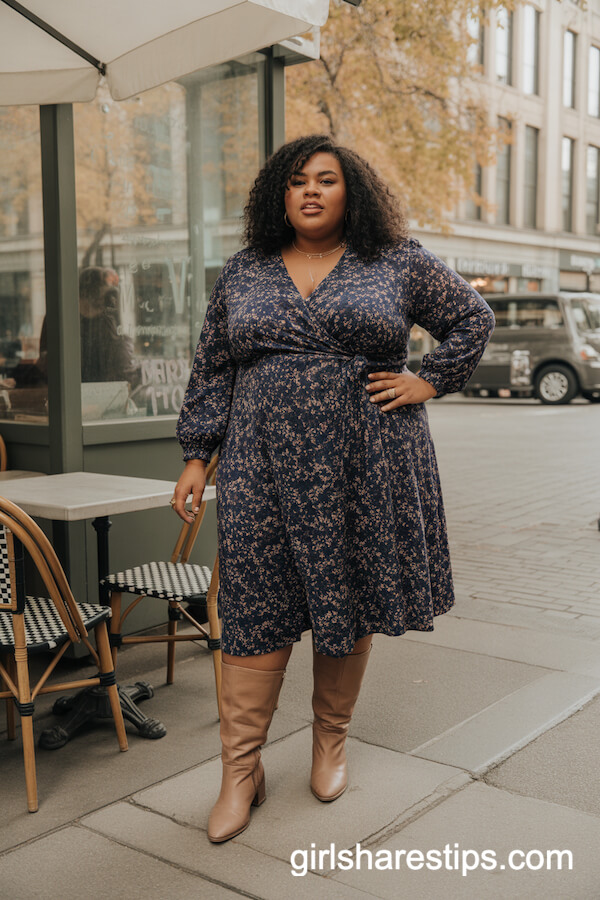 Navy Floral Wrap Dress with Tan Boots
