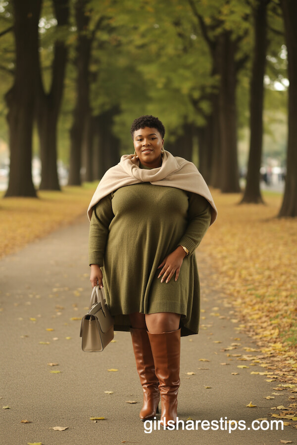 Olive-Green Sweater Dress with Brown Boots