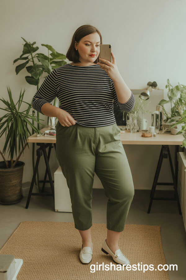Black-and-White Striped Top with Olive Cropped Pants