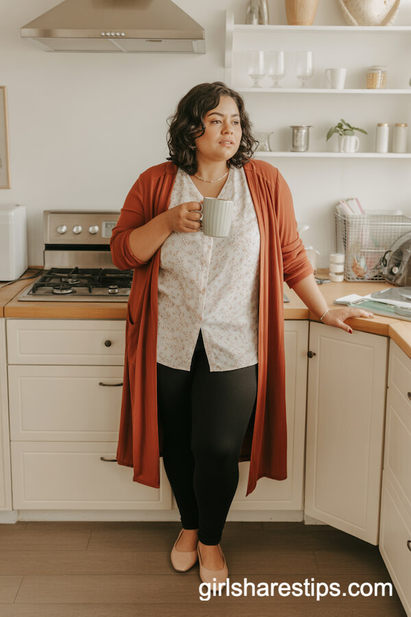 Burnt Orange Duster Cardigan with Floral Blouse