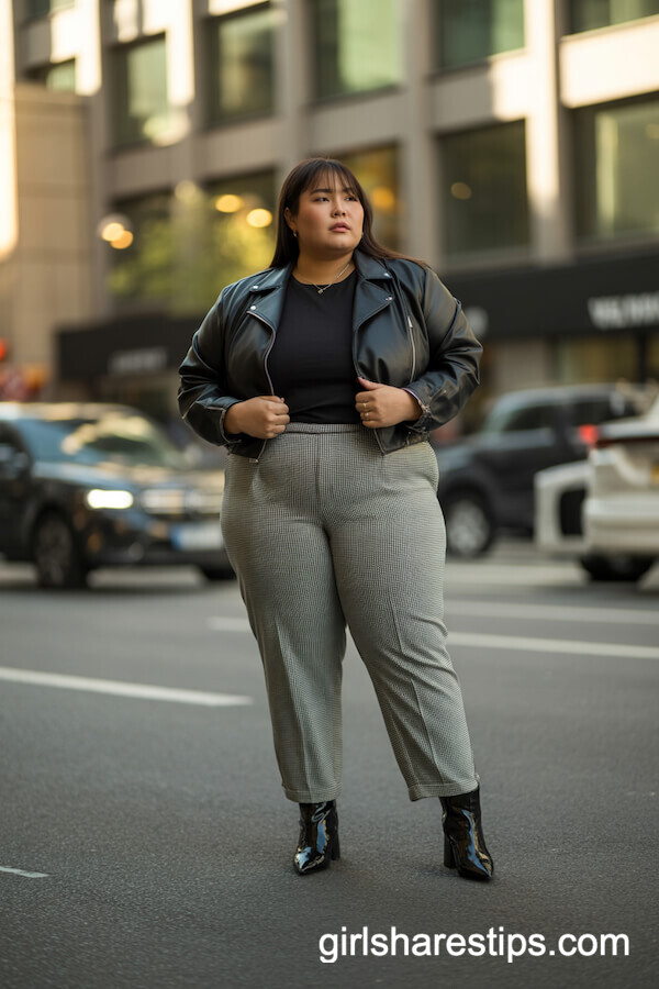 Checked Pants with Cropped Leather Jacket