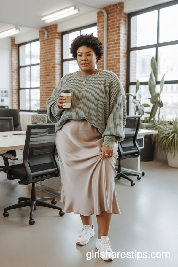 Sage Green Knit Sweater with Champagne Midi Skirt