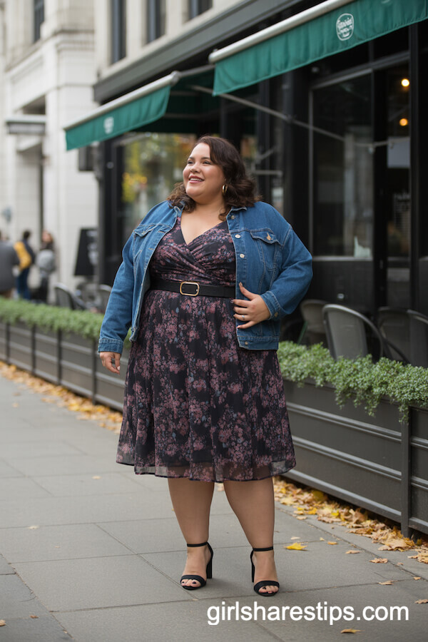 Dark Floral Dress with Denim Jacket