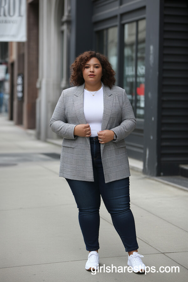 Gray Plaid Blazer with Skinny Jeans