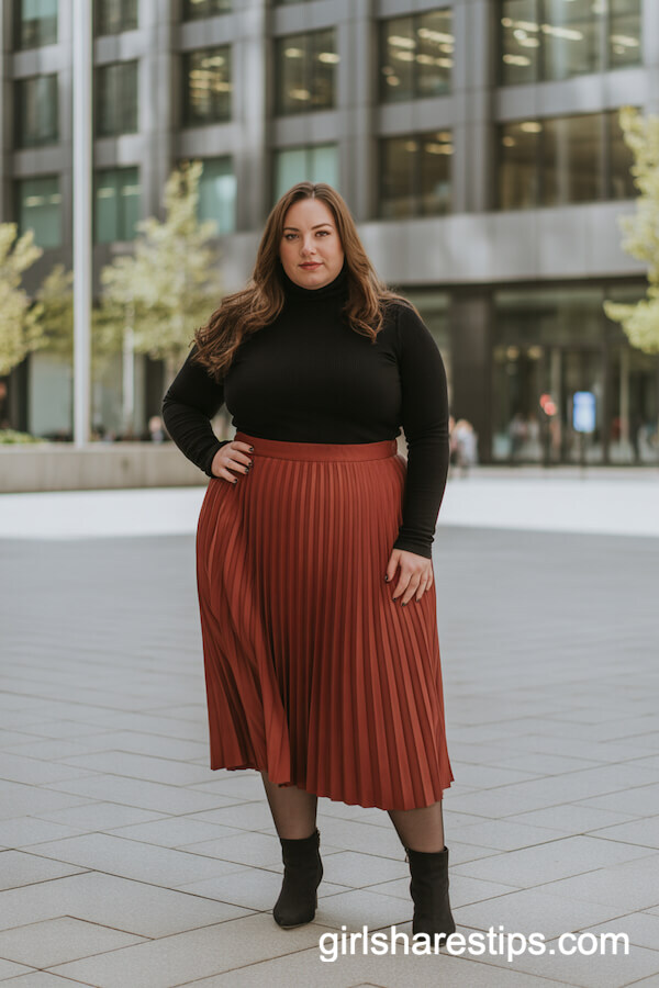 Rust Orange Pleated Midi Skirt with Black Turtleneck
