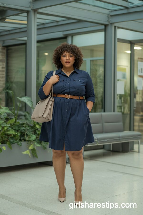 Navy Belted Shirt Dress with Nude Pumps
