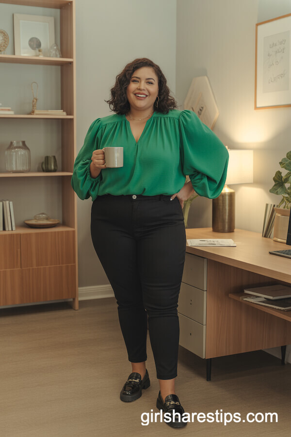 Emerald Green Statement Blouse with Ponte Pants