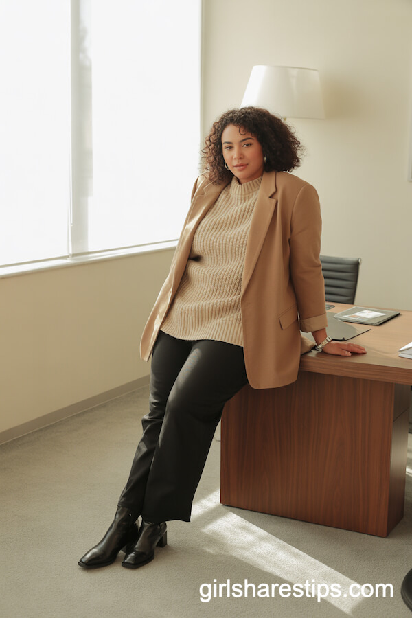 Camel Blazer with Cream Knit Sweater