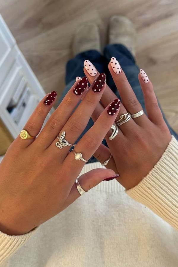 Burgundy and Nude Polka Dot Nails