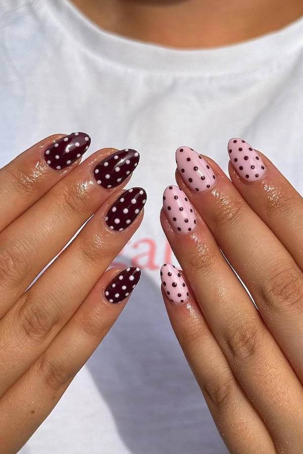 Pink and Burgundy Polka Dot Nails