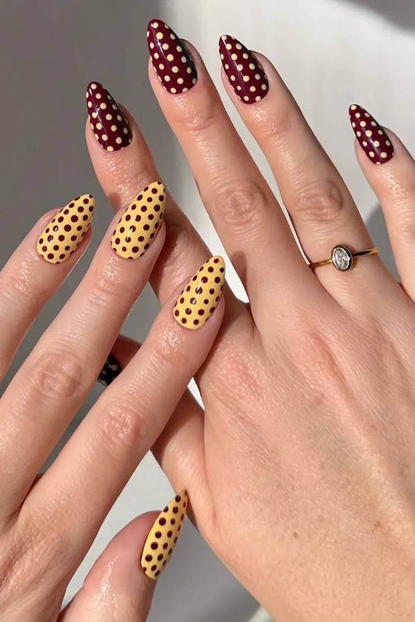 Mustard Yellow and Burgundy Polka Dot Nails
