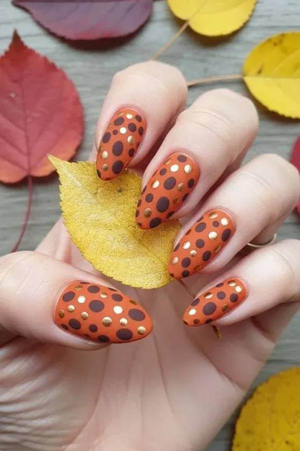 Orange and Gold Polka Dot Fall Nails