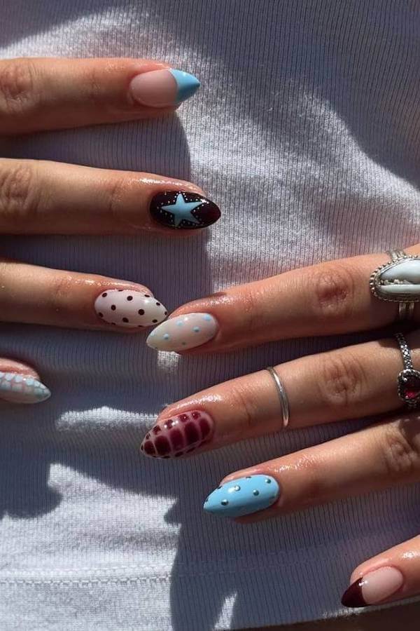 Blue and Burgundy Polka Dot Accent Nails