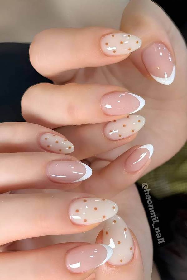 Nude French Tips with Gold Dots