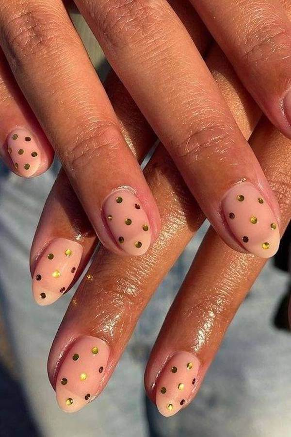 Sheer Nails with Gold Polka Dots