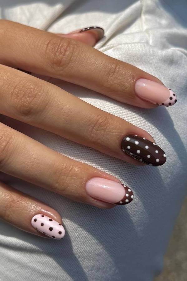 Brown and Pink Polka Dot French Tips