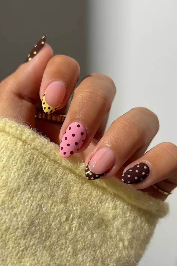 Pink, Brown, and Gold Polka Dot Nails
