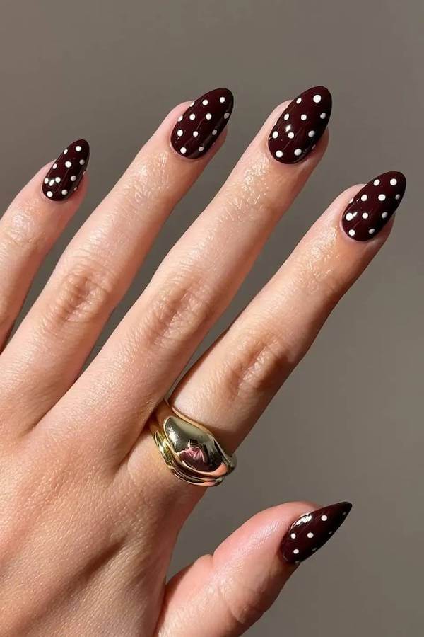 Deep Burgundy Nails with White Dots
