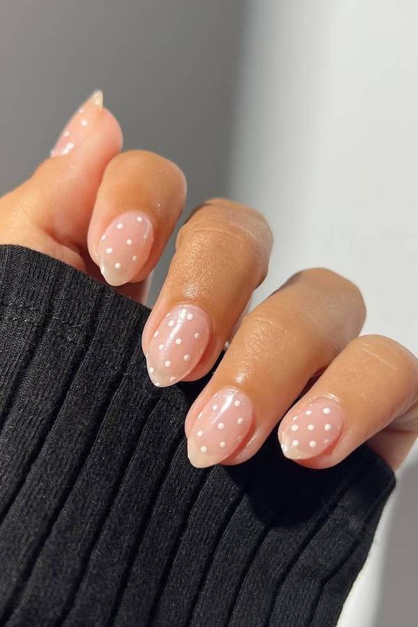 Sheer Nude Nails with Polka Dot Details