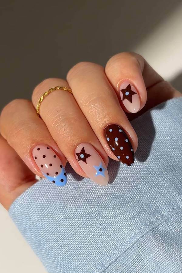 Brown and Blue Polka Dot Nails with Stars
