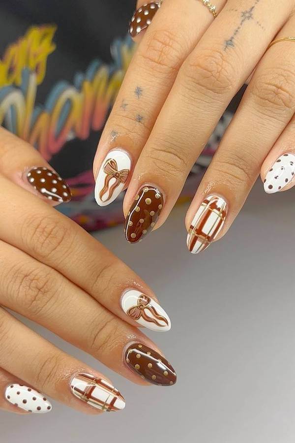 Brown Plaid and Polka Dot Fall Nails