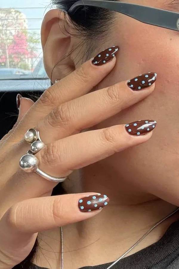 Brown Nails with Light Blue Polka Dots