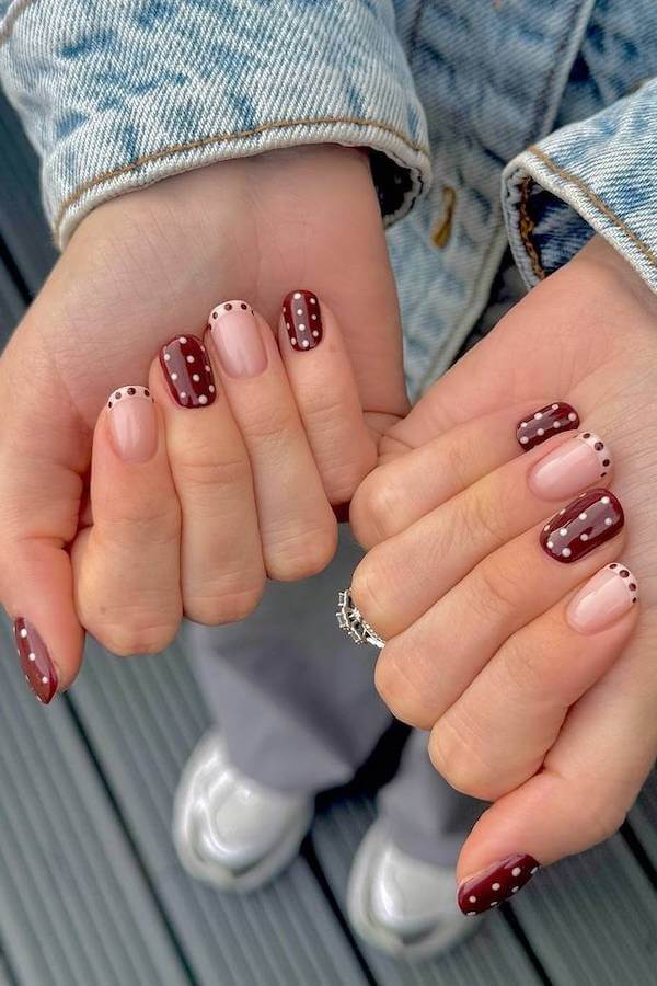 Classic Burgundy Polka Dot French Tips