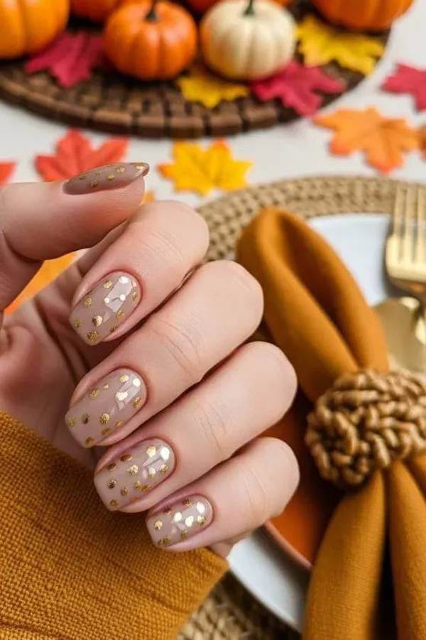 Nude Nails with Gold Glitter Dots