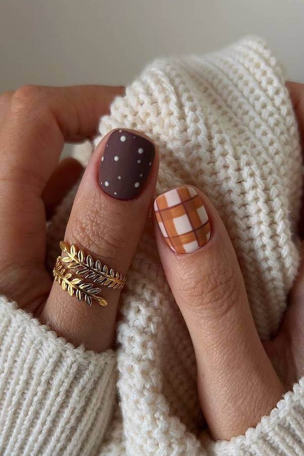 Plaid and Brown Polka Dot Accent Nail