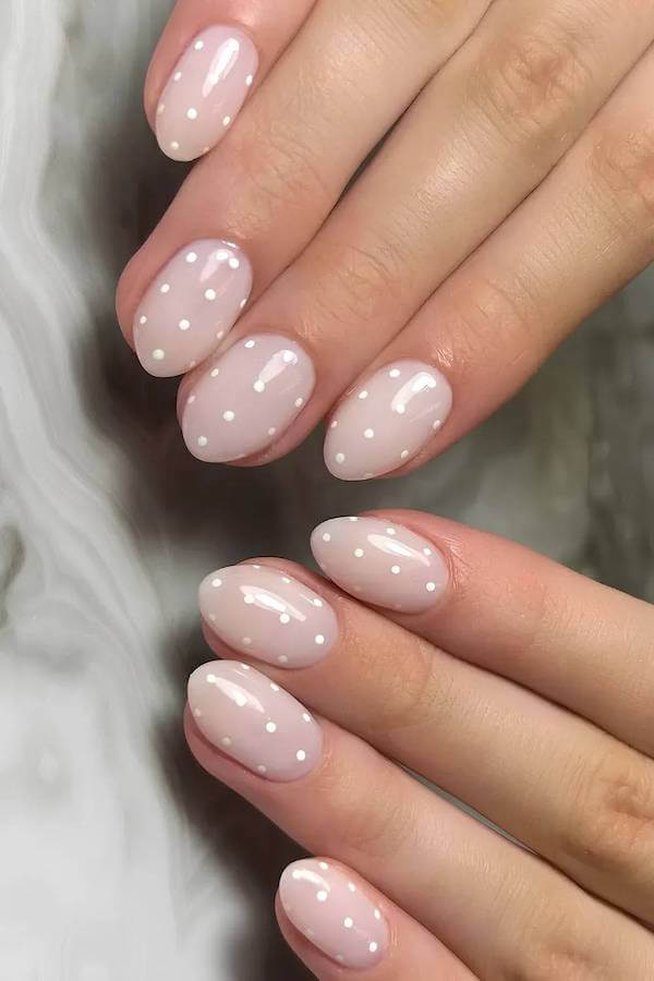 Soft Pink Nails with Tiny White Polka Dots