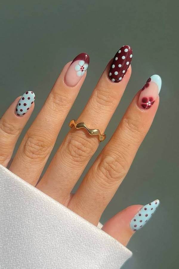 Burgundy and Blue Polka Dot Nails with Florals