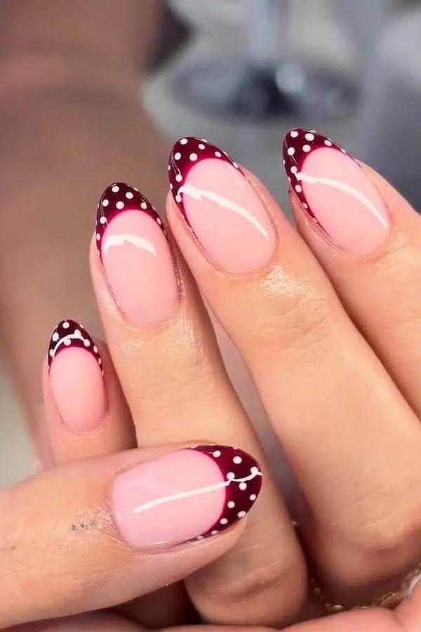 Burgundy Polka Dot French Tips