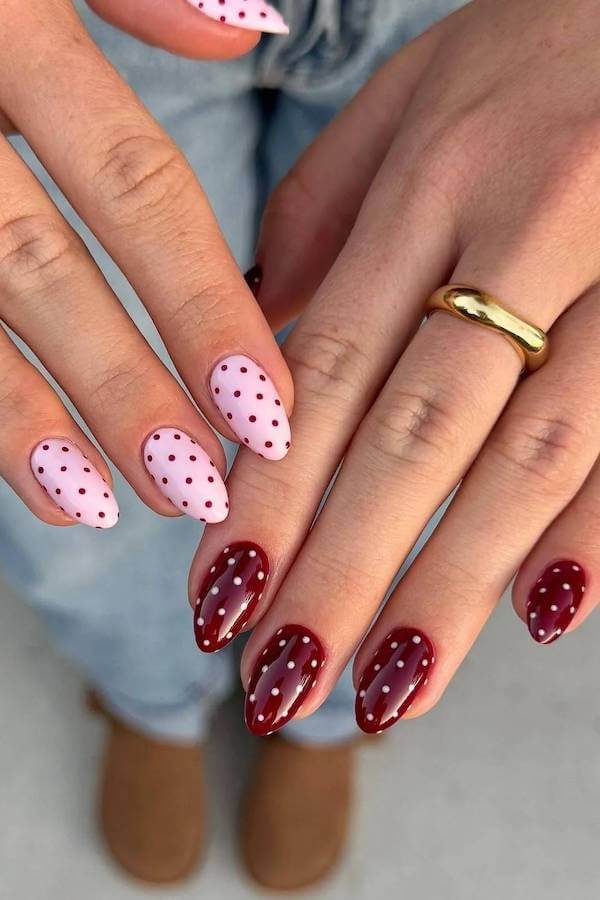 Burgundy and Pink Polka Dot Almond Nails