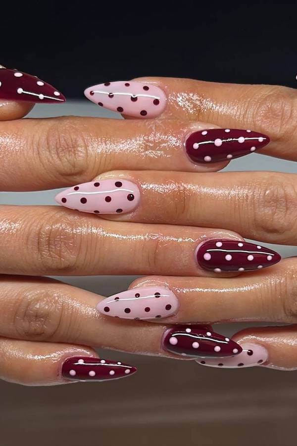 Almond Pink and Burgundy Polka Dot Nails