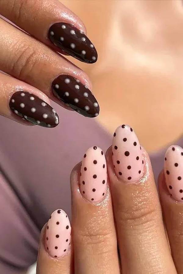 Brown and Nude Polka Dot Almond Nails