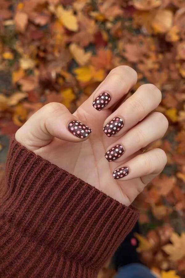 Brown Nails with Light Pink Polka Dots