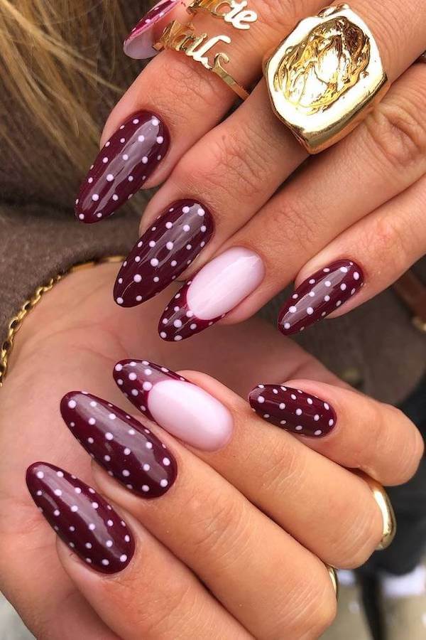 Maroon Polka Dot Nails with Pink Accents