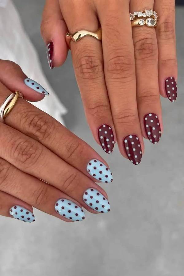 Blue and Burgundy Polka Dot Nails