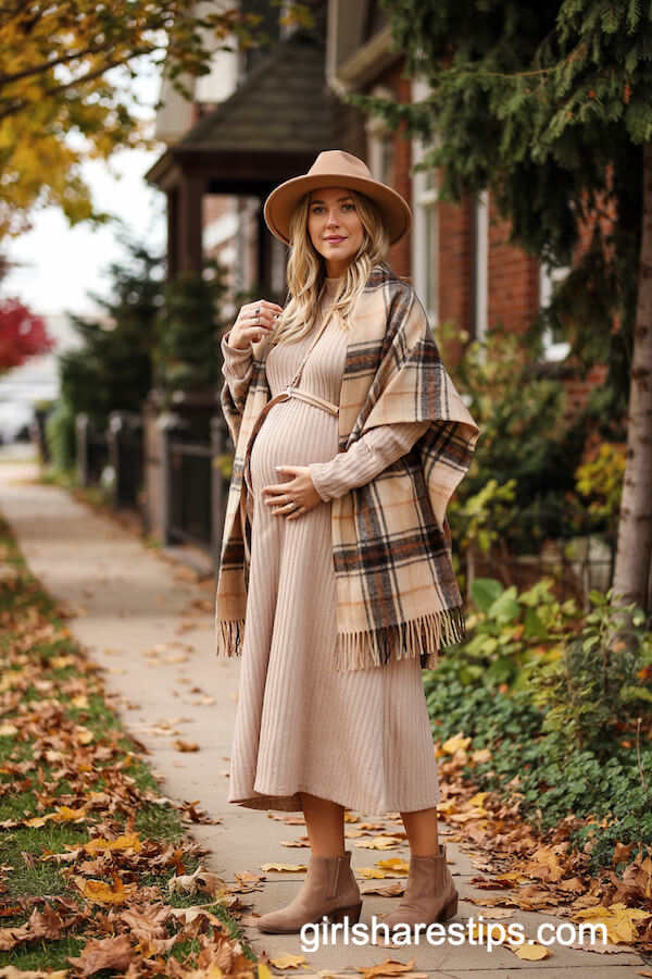 Beige Knit Dress & Plaid Scarf Ensemble