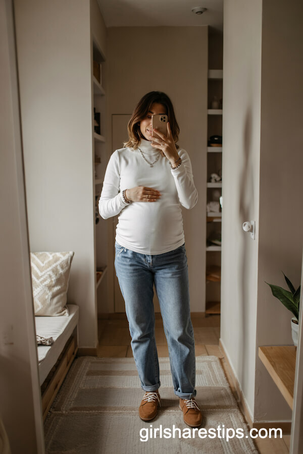 Ivory Turtleneck & Straight Jeans Minimalist Style
