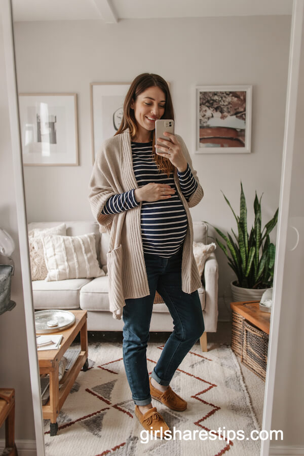 Oatmeal Shawl Cardigan & Striped Top Cozy Look
