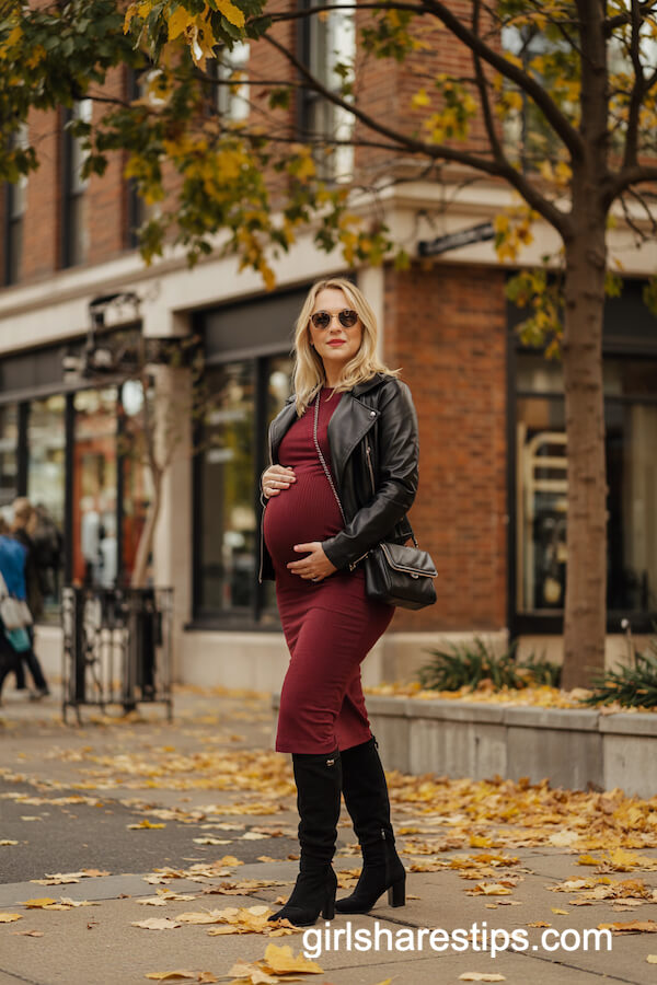 Burgundy Midi Dress & Faux Leather Jacket