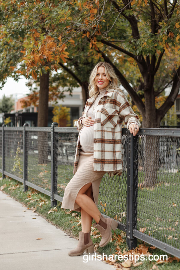 Brown Plaid Shacket & Knit Pencil Skirt