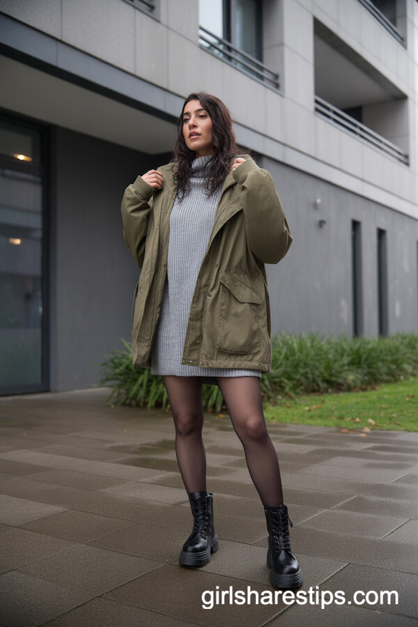 Khaki Hooded Parka with Sweater Dress and Combat Boots