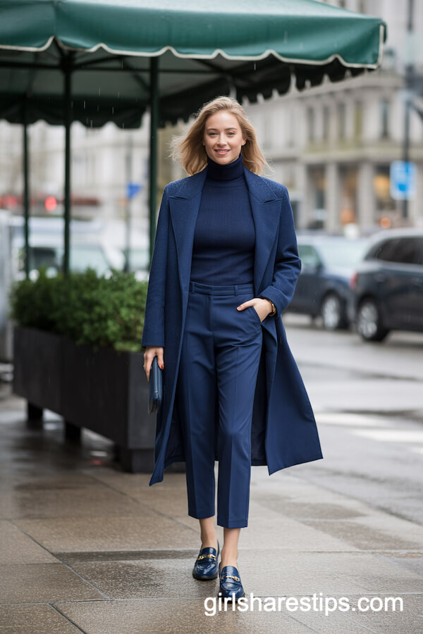Navy Turtleneck with Statement Coat and Loafers