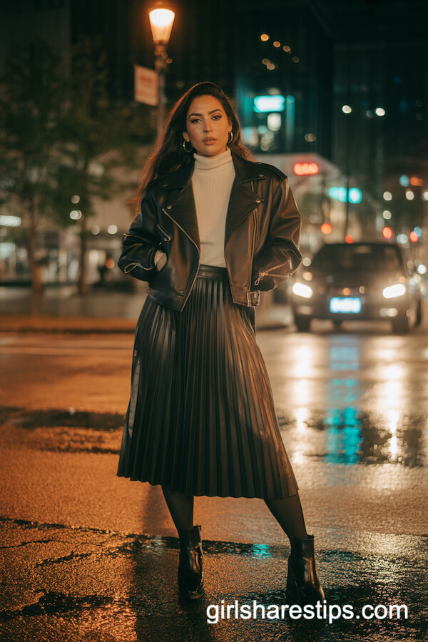 Leather Biker Jacket with Pleated Midi Skirt
